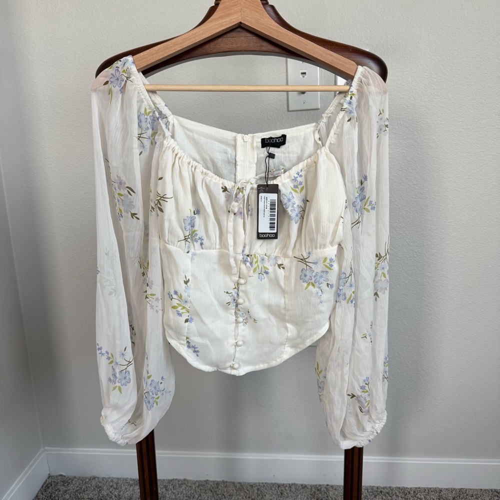 NWT Boohoo Floral Milkmaid Corset Top Off Shoulder Puff Sleeve Cottagecore US 6